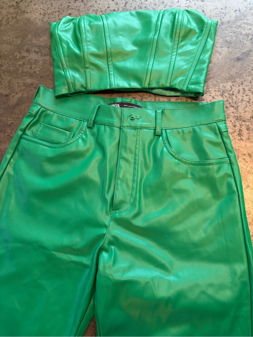 Zara Green Faux Leather Strapless Crop Top & High-Waist Pants Set size S